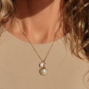 Ocean Charm + Pearl Necklace Waterproof Gold Necklace Pick Shell Starfish Fish